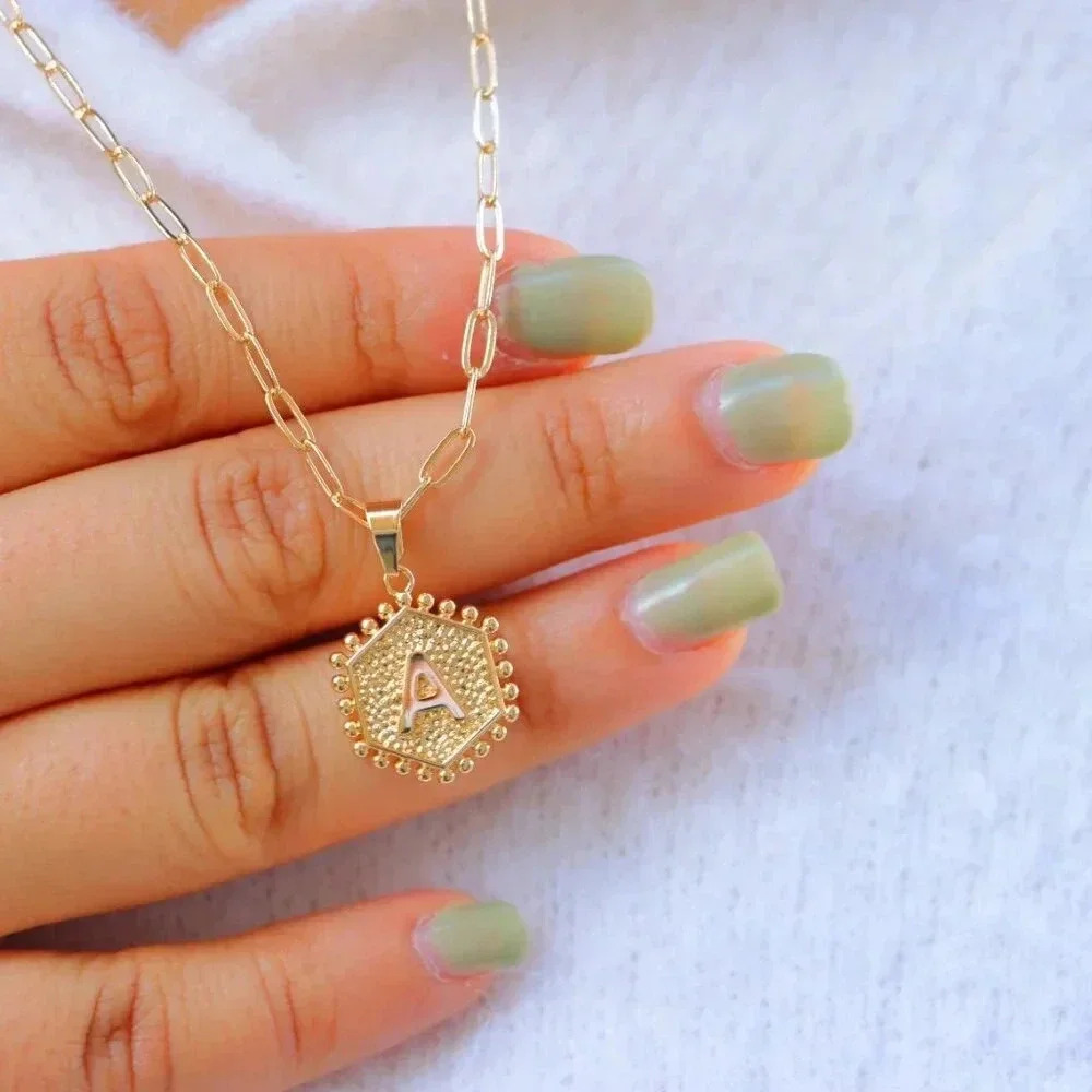 2 LAYER GOLD LETTER INITIAL COIN HEXAGONAL PENDANT DAINTY NECKLACE, ELDM22335 - Picture 4 of 13